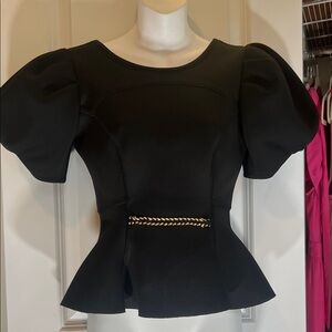 Black Puff Sleeve Peplum Top with Gold Chain Accent